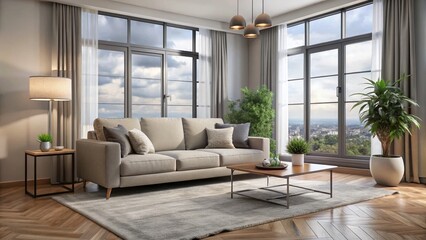 Fototapeta premium A modern living room features a sleek 50x70 inch gray area rug under a comfortable beige sofa and a large window with white curtains.