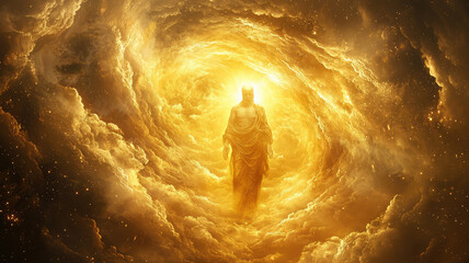 Fototapeta premium A glowing figure of God surrounded by swirling clouds radiates divine light