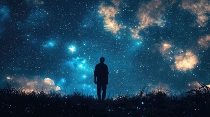 Obraz premium A glowing silhouette of person standing under starry sky, feeling awe