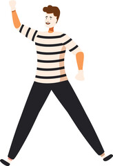 Male mime artist is walking and gesturing with his hands