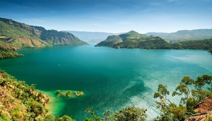 Obraz premium Emerald Green Waters of Lake Malawi, Surrounded by Mountains and Villages