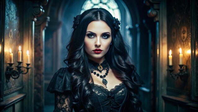A mysterious woman with long, dark hair poses in a eerie dimly lit room, wearing a creepy Victorian-era inspired Gothic Halloween costume with lace and velvet details.