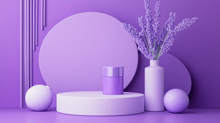 A purple podium with geometric shapes makes a great backdrop for showcasing cosmetics. This 3D design is perfect for displaying products in a stylish and modern way.