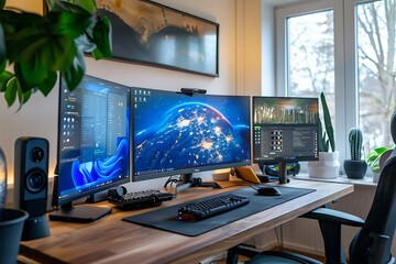 Naklejka premium High-definition telework setup with a sophisticated desk, multiple monitors, and smart office accessories, framed by a well-lit.
