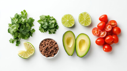 fresh taco ingredients including avocado, tomatoes, and lime