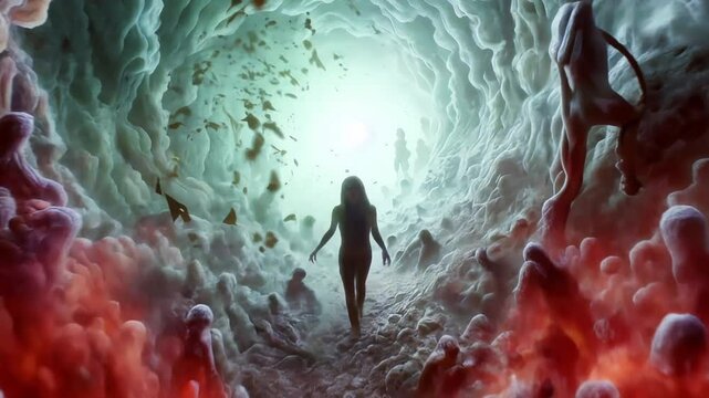 woman walks through a hell tunnel 