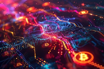 Abstract representation of crypto transactions with swirling data streams and digital currency symbols, vivid neon colors blending into a dark backdrop.