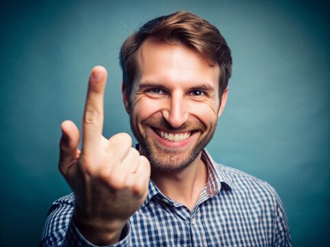 A playful hand gesture of defiance, a raised middle finger with a cheeky smile, conveying a lighthearted and