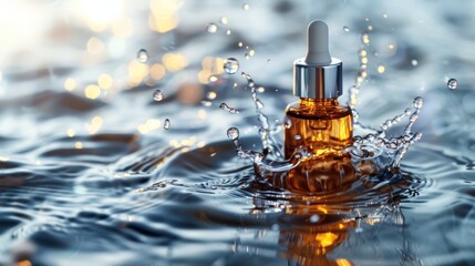 Serum bottle and dynamic water splash, light backdrop, Close-up photo with clean background