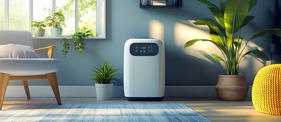 Modern living room with an air purifier, armchair, plant, and knitted pouf.