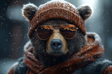 Stylish bear dressed for winter in sunglasses and beanie against snowy backdrop