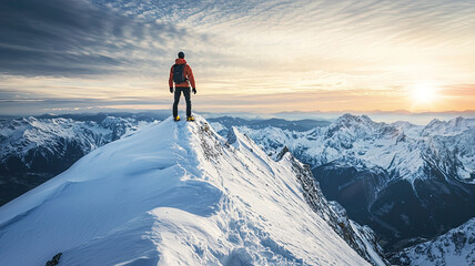 A lone mountaineer standing on snow covered peak, gazing at stunning sunset
