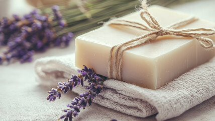 Luxurious bar of soap wrapped in linen cloth with lavender flowers