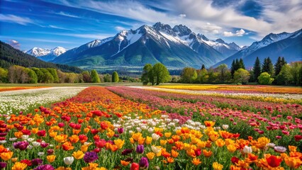 Colorful blooming flowers in spring field with mountains in background