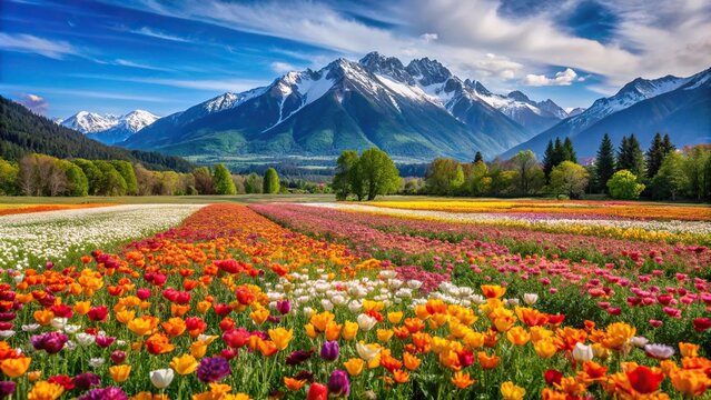 Colorful blooming flowers in spring field with mountains in background