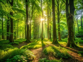 Obraz premium A serene and tranquil atmosphere pervades a lush, vibrant green forest, where dappled sunlight filters through dense