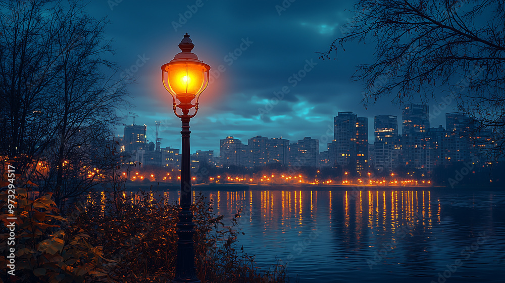 Wall mural street lamp on the city embankment. night.