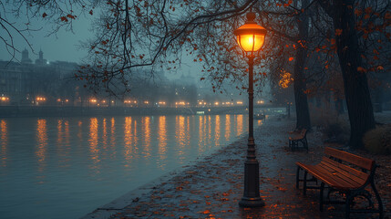 Street lamp on the city embankment. Night.
