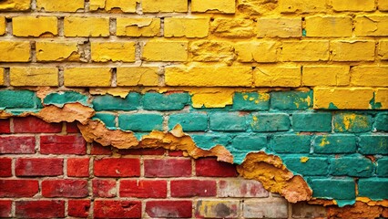 Colorful brick wall, peeling paint, yellow base silhouette
