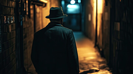 A mysterious figure walks through dark alleyway, exuding sense of intrigue and suspense