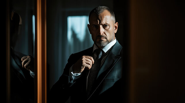 A mafia hitman adjusting his tie in front of mirror, exuding confidence and intensity