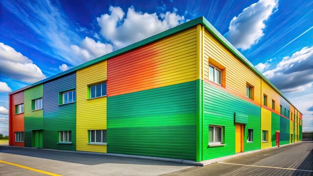 Colorful building with green stripe on side, wide-angle view