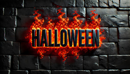The word 'HALLOWEEN' in a bold black font against a black stone wall, with red flames surrounding the text. The flames appear intense and dynamic.
