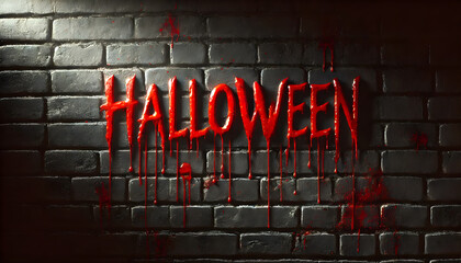The word 'HALLOWEEN' written in a bloody, dripping font on a dark, black brick wall. The letters appear to be smeared with fresh blood, with red stream
