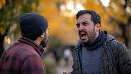 Angry man arguing with another man in park during autumn