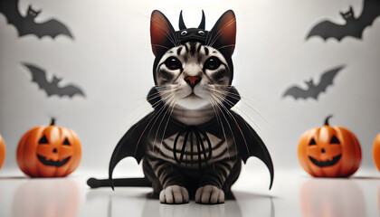 A photorealistic close-up of a cat, with every whisker clearly visible, staring directly into the camera. The cat is dressed in a Halloween bat costum.
