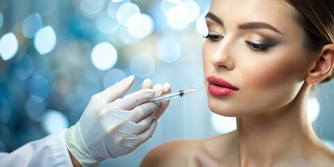 Fototapeta premium Close-up of a Woman Receiving a Lip Injection with a Syringe, Bokeh Background, Beauty Procedure