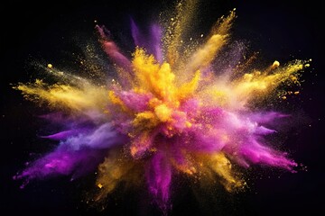 Colorful explosion of gold and purple powder on dark background Panoramic