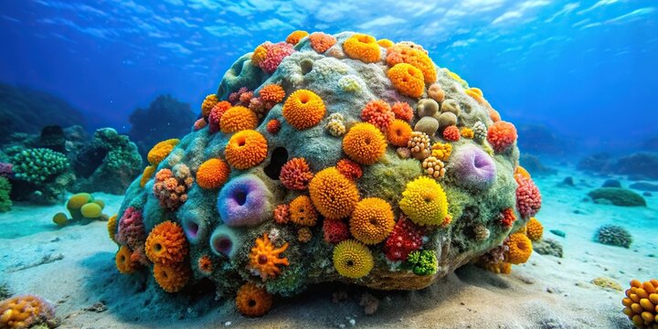 Colorful encrusting sponges and tunicates covering sandy sea bottom with crawling sea urchins Evechinus chloroticus