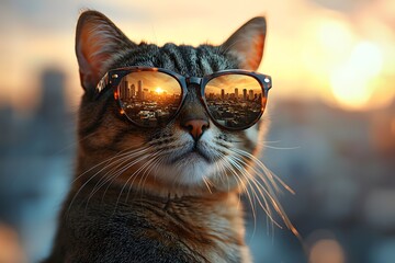 Trendy cat wearing sunglasses reflecting cityscape at sunset