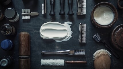 A collection of essential barber tools and supplies arranged on a wooden surface for a classic grooming experience