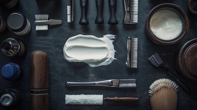 A collection of essential barber tools and supplies arranged on a wooden surface for a classic grooming experience