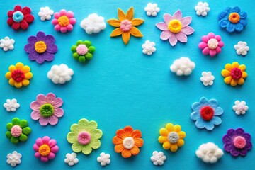 Colorful felt flowers and clouds on blue background