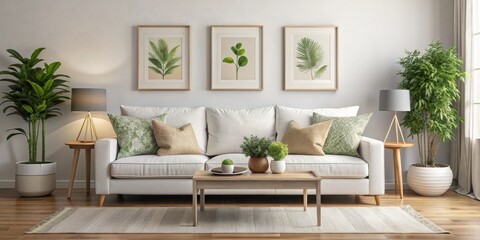 Living Room with White Sofa and Greenery, Framed Artwork, Beige Rug, White and Green Pillows, Wooden Coffee Table and Side Tables, Lamp, Natural Light, Plant
