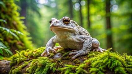 Obraz premium A solitary white toad perches on a moss-covered log, its piercing eyes gazing upwards, surrounded by lush green foliage in a serene forest setting.