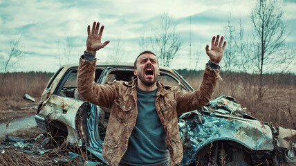 A man with an angry face stands in front of broken car, expressing frustration