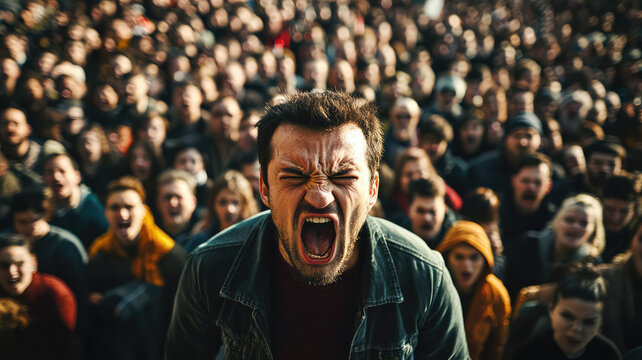 A man with an angry face stands in front of large crowd, expressing intense emotion