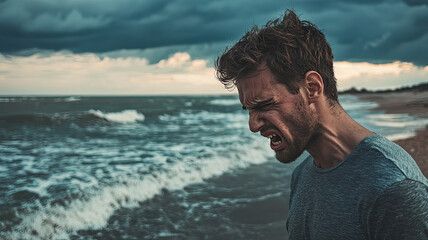 Angry man standing on beach, expressing frustration against stormy sea