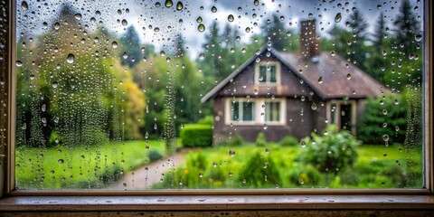 Obraz premium Raindrops on Window, Blurred House and Green Landscape, Rain, Glass, Nature, Home ,rain ,window, landscape, nature