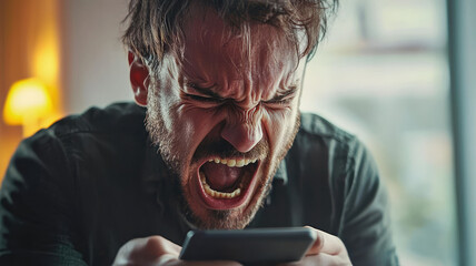 Angry man yelling into his phone, expressing frustration and emotion