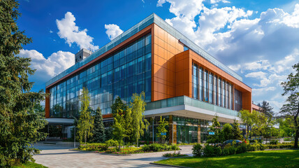 Obraz premium A modern maternity hospital building with welcoming design and lush greenery