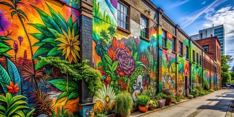 Urban Oasis Vibrant Graffiti Mural with Lush Plants on Brick Buildings, Street Art, Urban Nature, Cityscape, Botanical