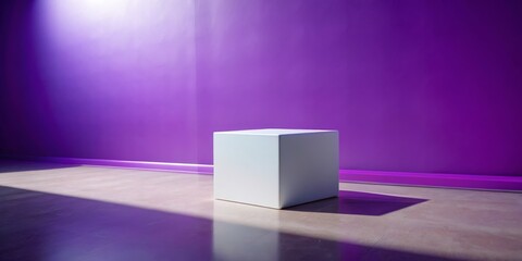 White Cube on Purple Wall with Sunlight, minimalist, product display,  studio, background, purple wall,  white cube, sunlight