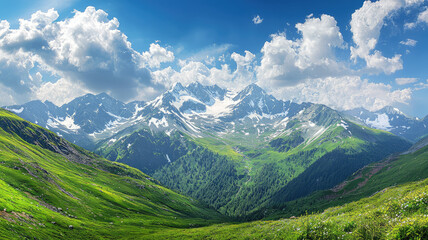 Obraz premium A breathtaking panoramic view of mountain range with snow capped peaks and lush green valleys