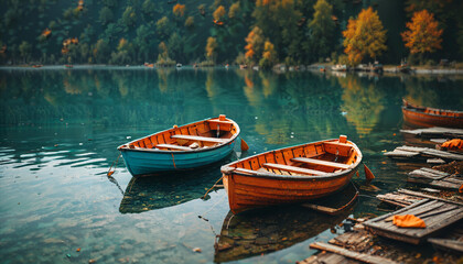Fototapeta premium Barques sur un lac tranquille en automne