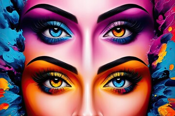 Vibrant Abstract Painting of Women's Eyes with Bold Colors and Captivating Background